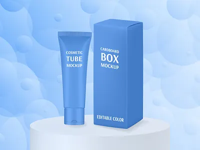 Cosmetic tube mockup with cardboard box blue box cosmetic cream design display gel graphic design illustration lotion mockup ointment packaging podium serum tube vector