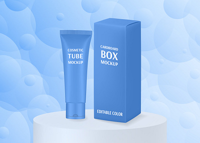 Cosmetic tube mockup with cardboard box blue box cosmetic cream design display gel graphic design illustration lotion mockup ointment packaging podium serum tube vector