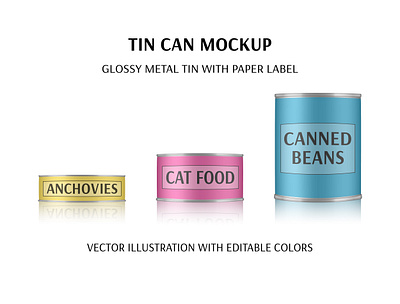 Tin can mockup anchovies beans blue can canned cat design food green illustration label metal mockup packaging paper pet pink tin vector yellow