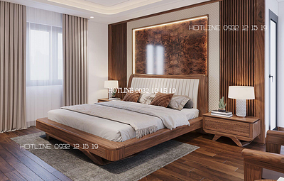 Thiết kế giường ngủ gỗ óc chó đẹp interior