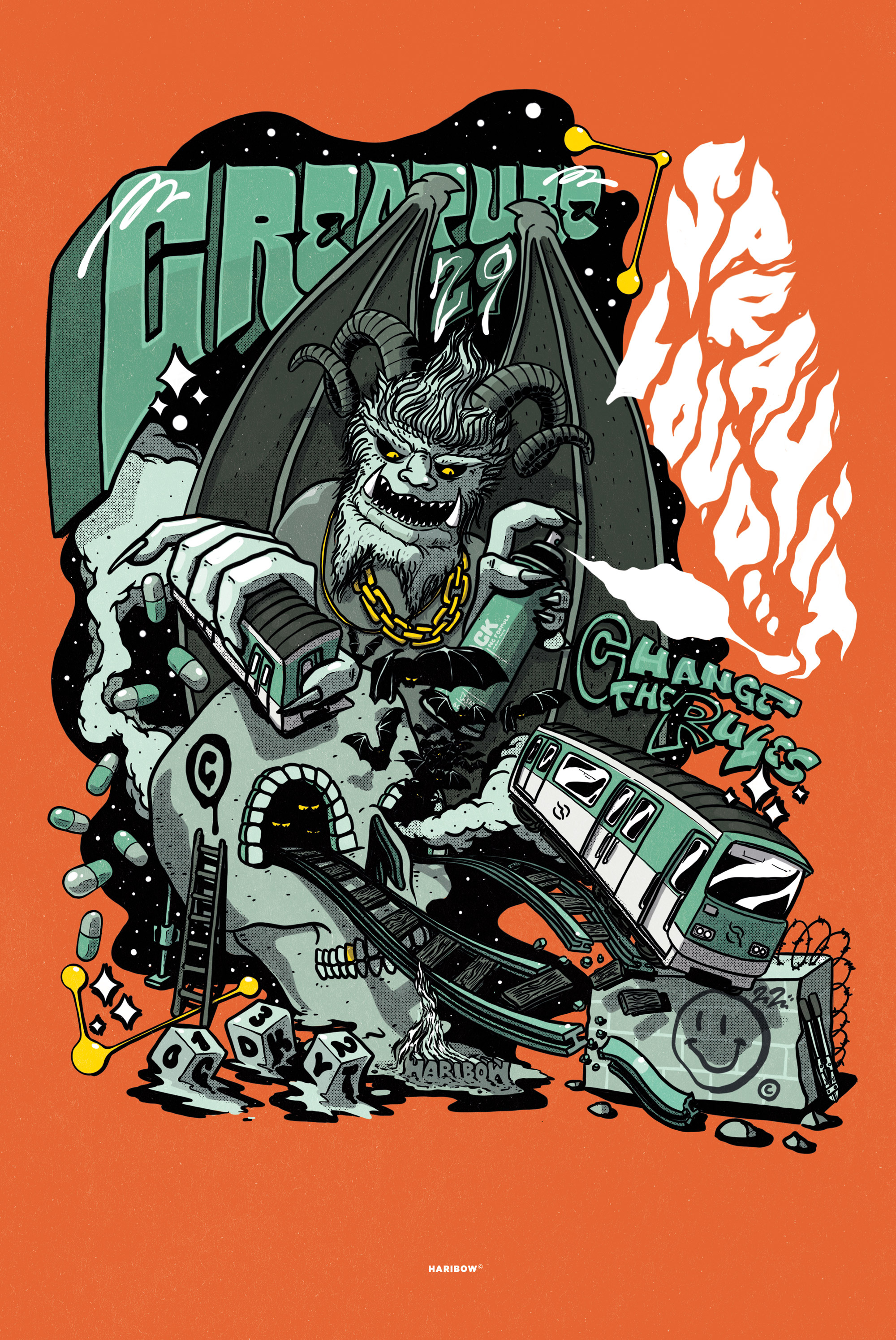 HARIBOW x C29 branding comics creature graffiti graphic design illustrator logo photoshop procreate skull subway typography vilain