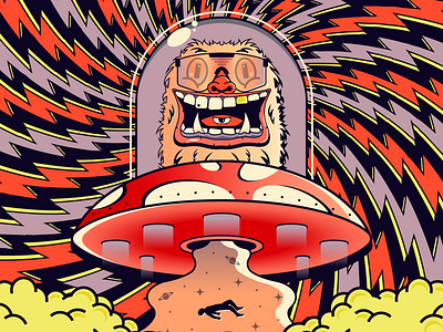 Yeti in a shroom saucer! beam gig poster illustration lightning minneapolis minnesota spinning trippy ufo yeti