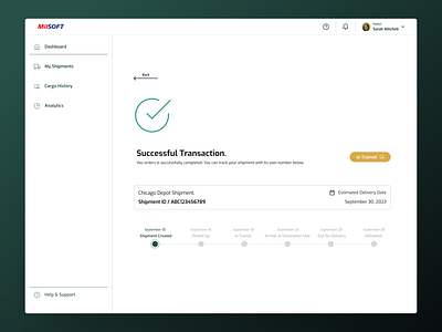 MilSOFT UI/UX Case Study - Success Page cargo done effect graphic design menu process progress bar shipment sidebar status success page ui design ux design web application