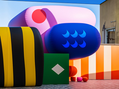 💭🔮🐡🎈🔵 colorful geometric geometry illustration inflatable inflatable sculpture installation midjourney minimal
