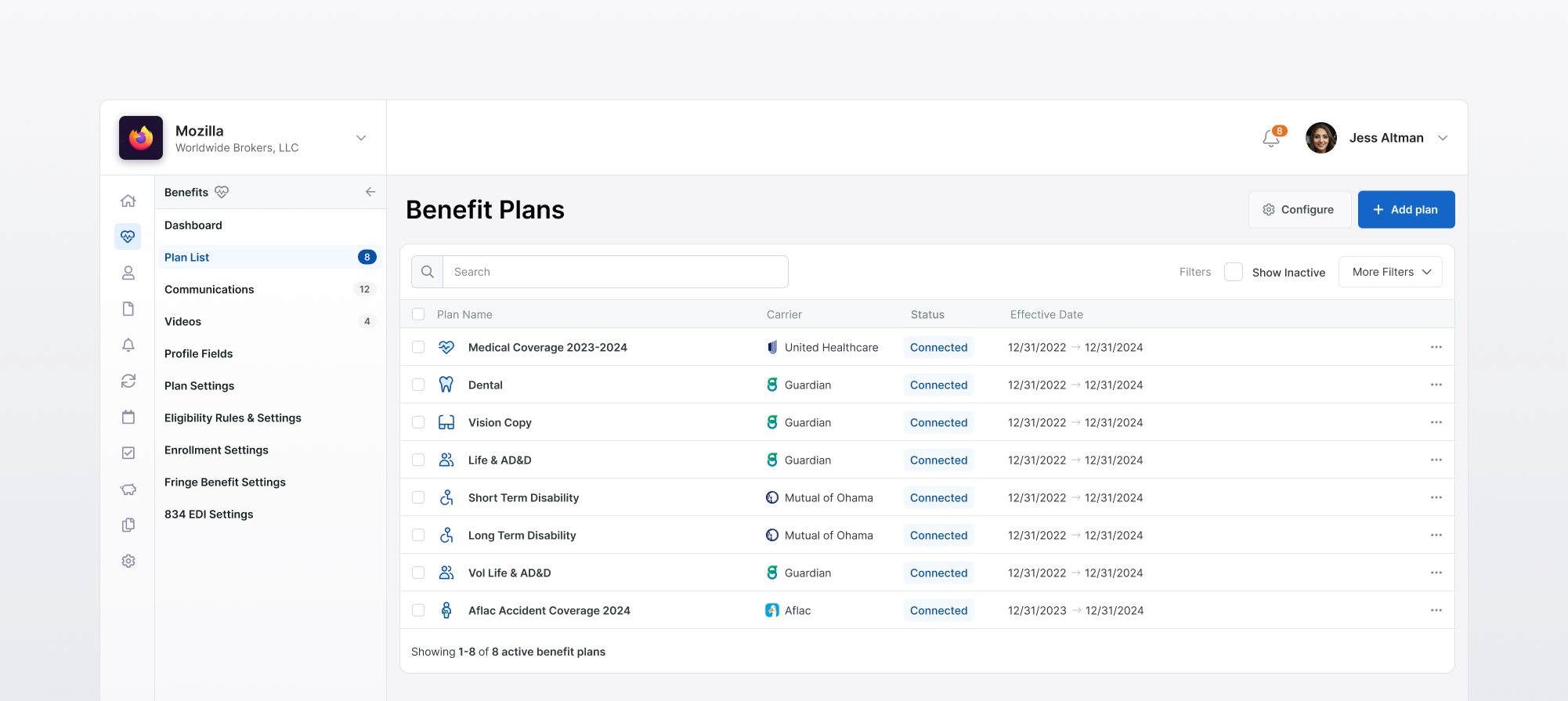 Employee Navigator Plan List duotone icons employee navigator flat style ia rework left navigation logos multi tier navigation multiselect product table ui ux rework
