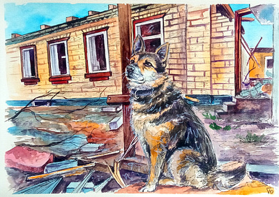War in Ukraine, Contemporary painting, Dog near Destroyed house dog hand painted paint painting war