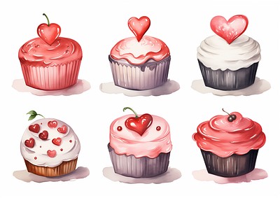 Valentine watercolor cupcakes clipart illustration watercolor