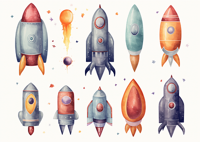 Watercolor space rockets clipart illustration png