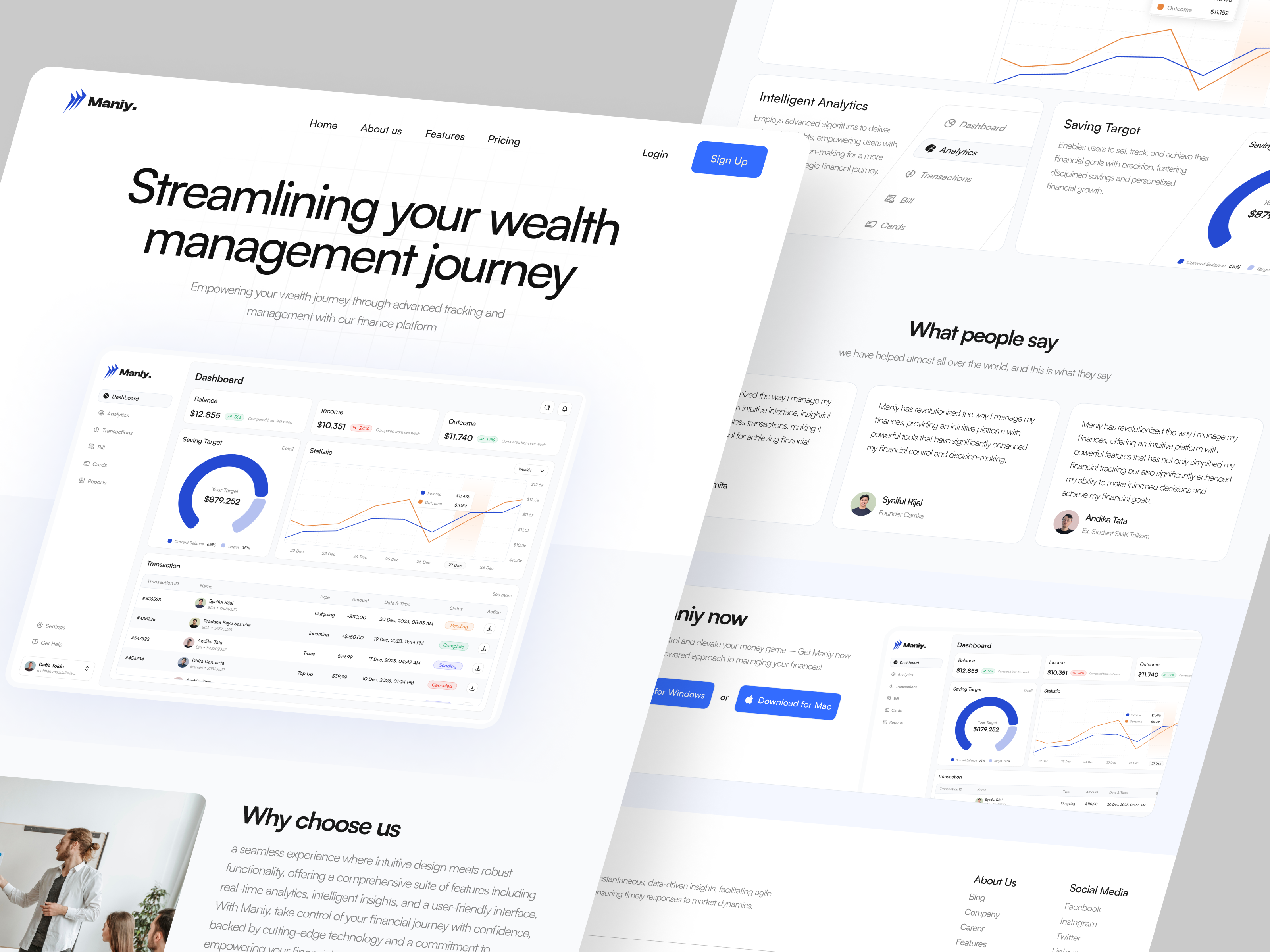 Maniy - Finance Compro Landing Page balance bill cashflow chart coin finance fintech income money pay payment saving send table tracking transaction transfer web design