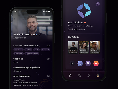 Novi - Mobile App app design dark ui design investment match mobile app relationship app startup startup app tinder ui ui design uiux user experience ux ux design uxui
