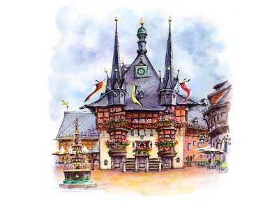 Wernigerode Old Town Hall architecture city germany graphic design illustration sketch town town hall urban urban sketch watercolor wernigerode