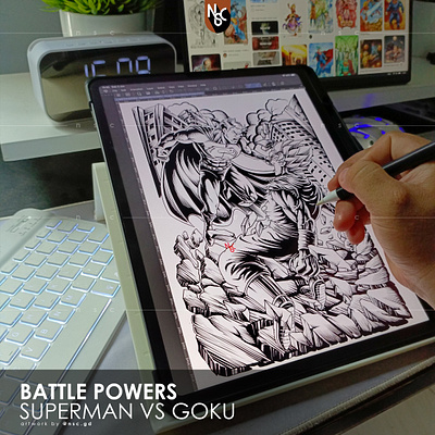 BATTLE SUPERS - Superman vs Goku [inking process] anime apparel battle character clothing comic dc comics dc universe dragon ball fanart film goku illustration manga monster movie super super saiyan superhero superman