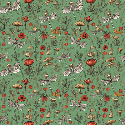 Enchanted Forest Pattern dragonflies flowers forest mushrooms pattern