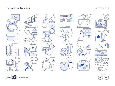 24 Free Vector Hobby Icons (SVG, AI) design free free icon set free icons free vector icons freebie hobbies hobby hobby icon icon icon pack icon set leisure photoshop psd travel icons