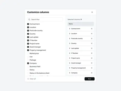 Pop Up for Customizing Table View appdesign components customazing dashboard ui design design sysytem figma filter instant interface modal popup settings sort ui ui kit userexperience userinterface ux webdesign