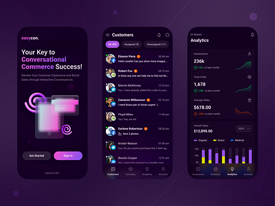 (EasyCon) Conversational Commerce Apps Design android application applications apps best conversation dark design inbox ios messaging minimal mobile purple ui ux