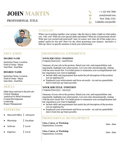 1 Page, Resume with Photo career cv job resume template resume