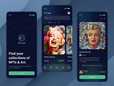 NFT Marketplace App app application art collection dark design fantasy marilyn marketplace monroe nft ui uiuxdesign ux