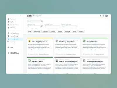 Innovation Factory - Knowledge Hub b2b base btp content design enterprise filter fiori project management sap search ui ux wiki