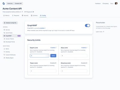 Settings/Config Page - Security Limits api blue cache caching config dev dev tool dev tooling figma graphql minimal product design saas settings stellate ui web