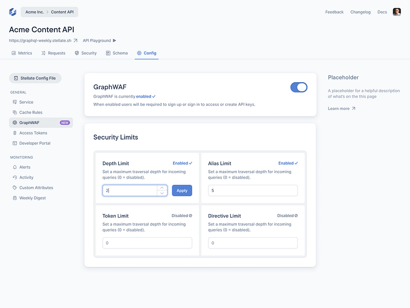 Settings/Config Page - Security Limits api blue cache caching config dev dev tool dev tooling figma graphql minimal product design saas settings stellate ui web