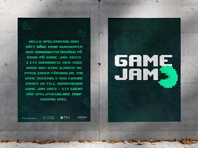 Game Jam - Brand identity & Event design brand identity branding dark green dark mode event design exhibition gaming brand design gaming logo graphic design green logo mint green overpass mono pacman pixel font print retro games tetris