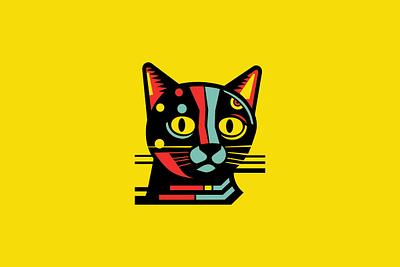 Surrealist Cat Logo animal branding cartoon cat design emblem geometric head icon identity illustration kitty logo mark modern pet surrealist symbol vector yellow