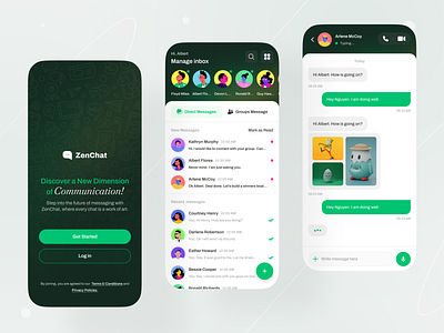 (ZenChat) Seamless Messaging Apps Design android apps audio call best chat chatting clean conversation design green hire inbox ios messaging minimal mobile top ui ux video call