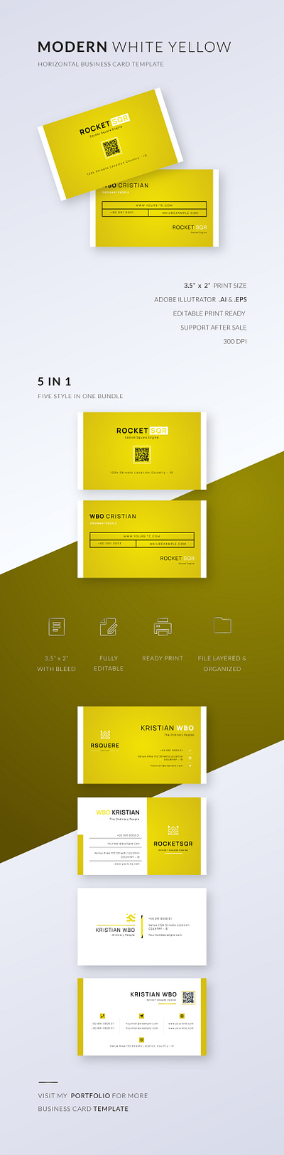 MODERN WHITE YELLOW BUSINESS CARD TEMPLATE black branding business business card card clean design creative editable energic horizontal icon logo modern professional qr code simple vector visit card white yellow