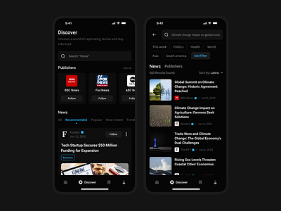 Discover Screens: News App Design app article app clean design discover screen filters minimal modern news news app news screen post search search screen social media ui