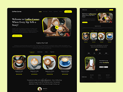Landing Page Concept for a Coffee Shop coffee shop darkmode landing page landing page design ui design uiux user experience ux design web design website design yellow
