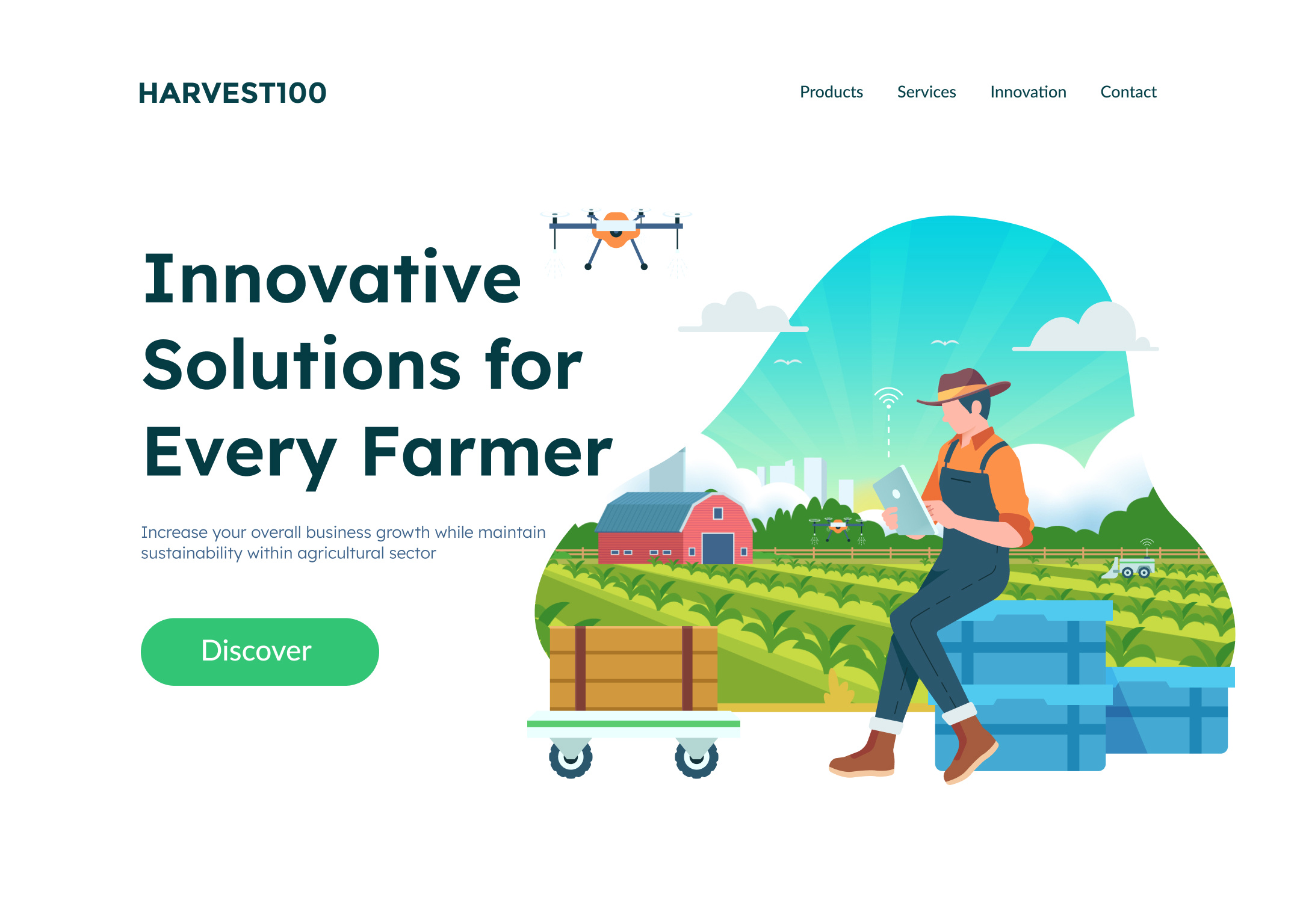 Automation in Farming drone farm farmer farming flat design graphic design hero image illustration landing page smart ui