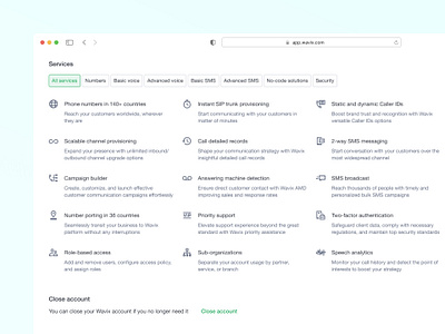 Wavix · My account account dashboard flat green manager my account overview platform product product designer profile services stat stats summary telecom telecommunication ui ux white