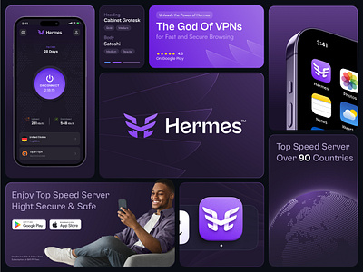 Hermes VPN Visual Identity app icon bento bento grid gradient grid hermes icon ios mobile purple vpn wing