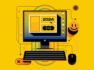 Happy New Year 2024 2024 alendar branding computer design digital editorial happy icon illustration indonesia internet mouse new smile sun ui vector yellow