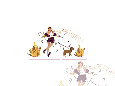 Flat Graphic Design dancing girl flat girl with headphone logo minimlistic music sound walking with dog
