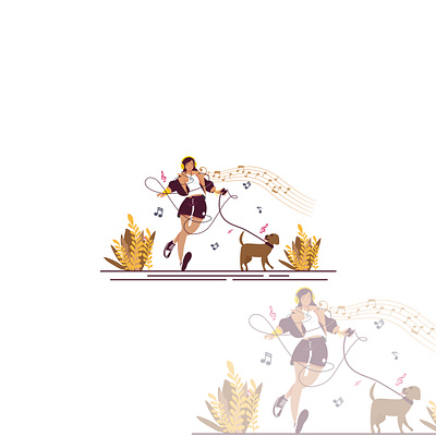 Flat Graphic Design dancing girl flat girl with headphone logo minimlistic music sound walking with dog