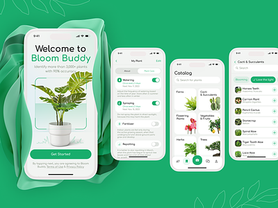 Bloom Buddy – Mobile app Design catalog comfortaa concept design ecology green app interface iphone iphone mockup mobile mobile app plant app plant care plant pal practicum search ui ux uxui yandex