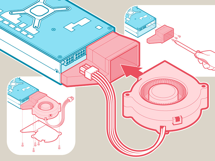 Instructional graphics to describe the installation process of a hardware component.