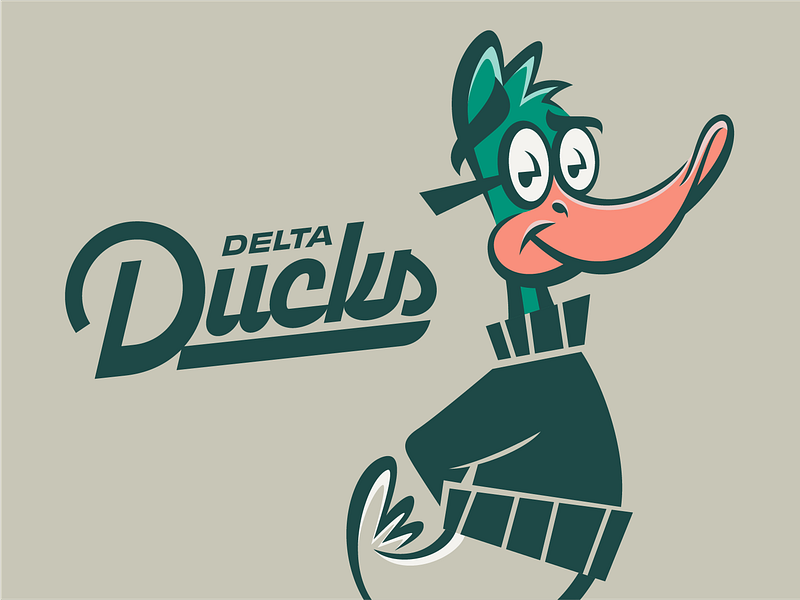 Delta Ducks 01 branding character custom script custom type d duck geometric green illustration lettering logo mascot mid century mid century modern orange retro script tan typography