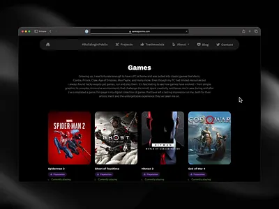 Sankalpsinha.com > Games page animation branding dark mode design game game page games grid motion graphics personal portfolio personal website playstation ui portfolio design spiderman ui user interface
