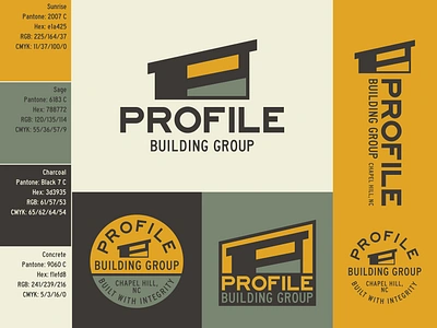 Profile Building Group Identity branding charcoal construction contractor flipping hammer home house illustration interior design logo north carolina p logo real estate remodel remodeling rental sage vintage yellow