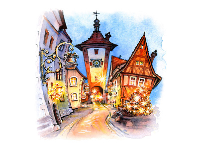 Christmas Rothenburg ob der Tauber architecture bavaria europe fairytale germany illustration landmark rothenburg ob der tauber sketch town urban sketch vector watercolor