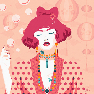 "Pink Bubble Dreams" - NFT art adobe illustrator blue bubbles contrast daily art flat design illustration japanese girl jewellery kimono lanterns patterns pink portrait stylized texture vector vector illustration woman yellow