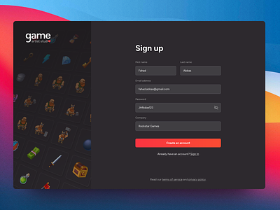 Sign Up | Game Artist Studio ai animation design ui web