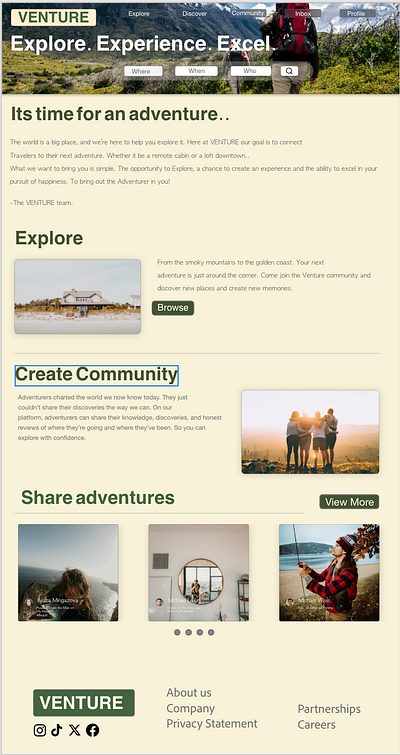Venture Travel Website Home Page ai branding design explore heirarchy homepage label social travel ui ux