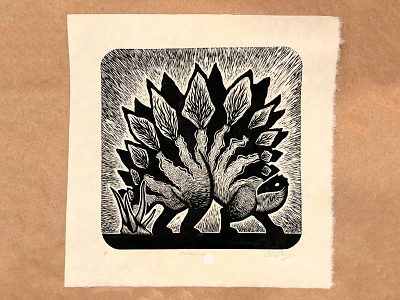 Chonkasaurus block print dinosaur fossil linocut print printmaking relief print stegosaurus