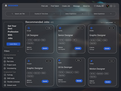 Job Search Platform Page dashboard design design filter find job freelancer glass morphism hiring platform job lisiting job portal job search landing page produc design search ui ui ux user experience ux web ui website design webssite