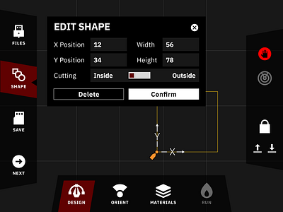 CNC Machine Touchscreen Interface With Mobile Editing Menu app dark dark mode dark ui dashboard dashboard design dashboard interface edit hmi machine machine control menu product product design shape editor startup tablet touchface ui design ux