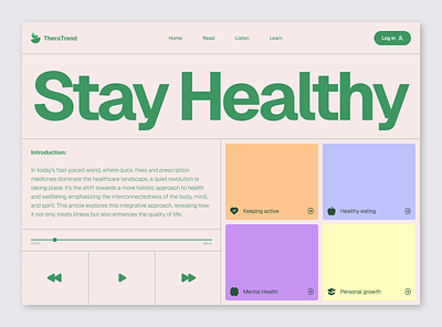 TheraTrend - Health & Wellbeing App app clean fitness green health hero landing page muted player tonal ui website wellbeing